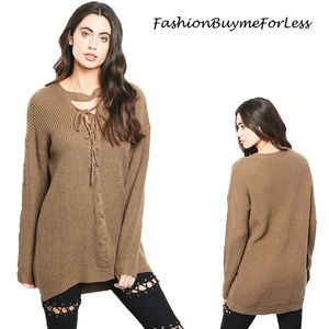 Brown Lace Up Criss Cross Tie Eyelet Sweater Top
